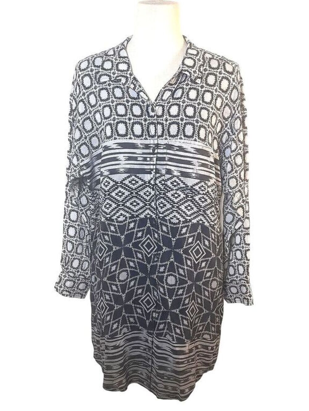 Charlie Jade 100% Silk Black Cream Geometric Tunic Shift Dress Small